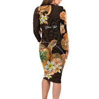 Personalised Aloha Hawaii Lanai Island Long Sleeve Bodycon Dress Pineapple Isle Map Sea Turtle Plumeria LT14 - Polynesian Pride