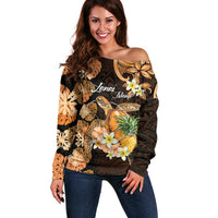 Personalised Aloha Hawaii Lanai Island Off Shoulder Sweater Pineapple Isle Map Sea Turtle Plumeria