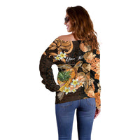 Personalised Aloha Hawaii Lanai Island Off Shoulder Sweater Pineapple Isle Map Sea Turtle Plumeria
