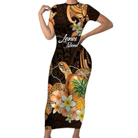 Personalised Aloha Hawaii Lanai Island Short Sleeve Bodycon Dress Pineapple Isle Map Sea Turtle Plumeria LT14 Long Dress Orange - Polynesian Pride