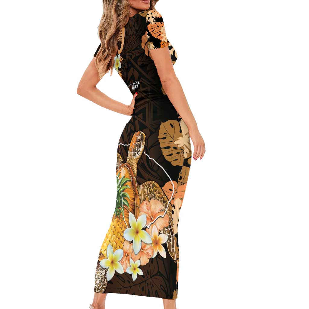 Personalised Aloha Hawaii Lanai Island Short Sleeve Bodycon Dress Pineapple Isle Map Sea Turtle Plumeria LT14 - Polynesian Pride