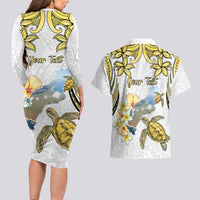 Personalised Aloha Hawaii Niihau Island Couples Matching Long Sleeve Bodycon Dress and Hawaiian Shirt Forbidden Isle Map Shell Lei