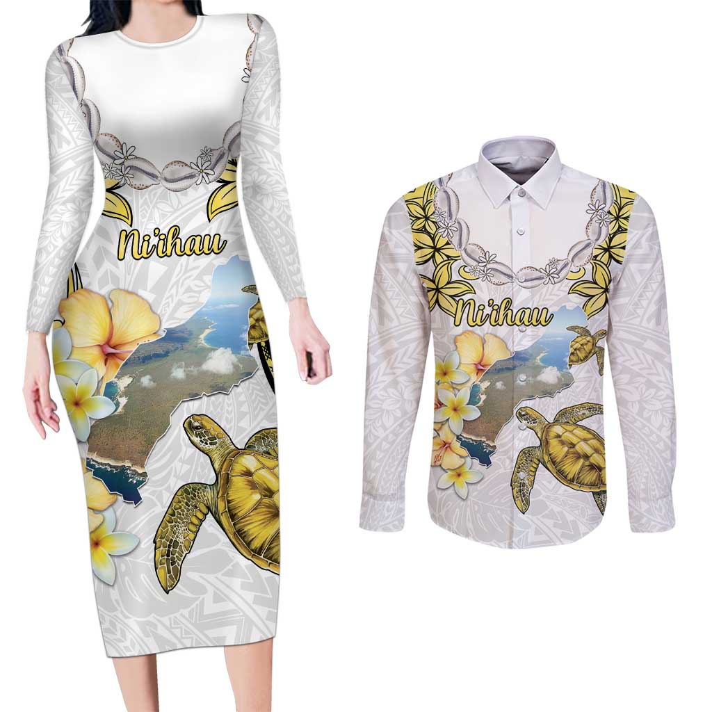 Personalised Aloha Hawaii Niihau Island Couples Matching Long Sleeve Bodycon Dress and Long Sleeve Button Shirt Forbidden Isle Map Shell Lei