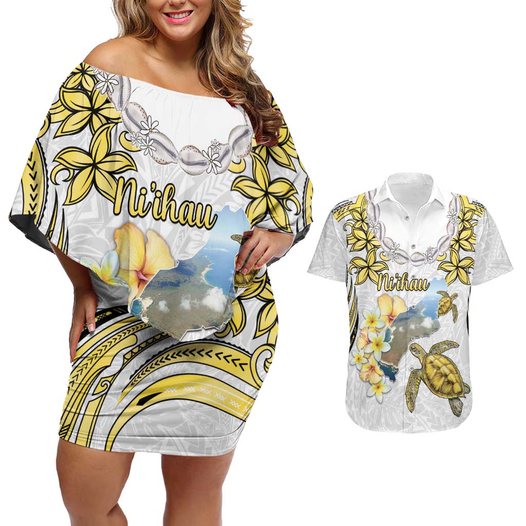 Personalised Aloha Hawaii Niihau Island Couples Matching Off Shoulder Short Dress and Hawaiian Shirt Forbidden Isle Map Shell Lei