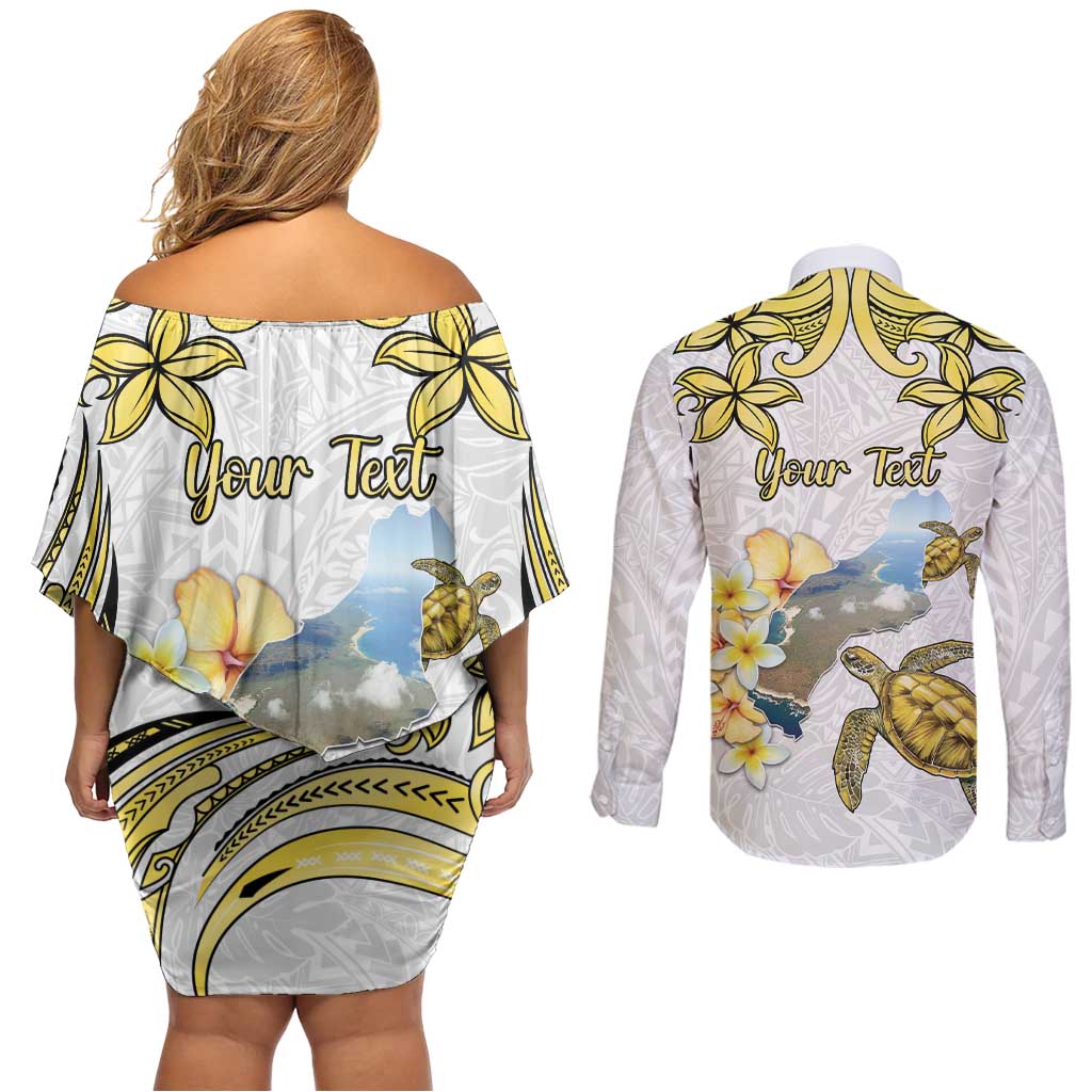 Personalised Aloha Hawaii Niihau Island Couples Matching Off Shoulder Short Dress and Long Sleeve Button Shirt Forbidden Isle Map Shell Lei
