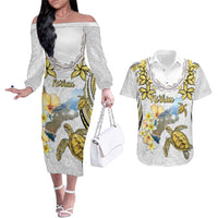 Personalised Aloha Hawaii Niihau Island Couples Matching Off The Shoulder Long Sleeve Dress and Hawaiian Shirt Forbidden Isle Map Shell Lei