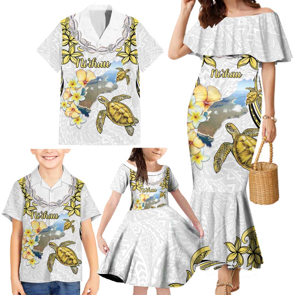 Personalised Aloha Hawaii Niihau Island Family Matching Mermaid Dress and Hawaiian Shirt Forbidden Isle Map Shell Lei