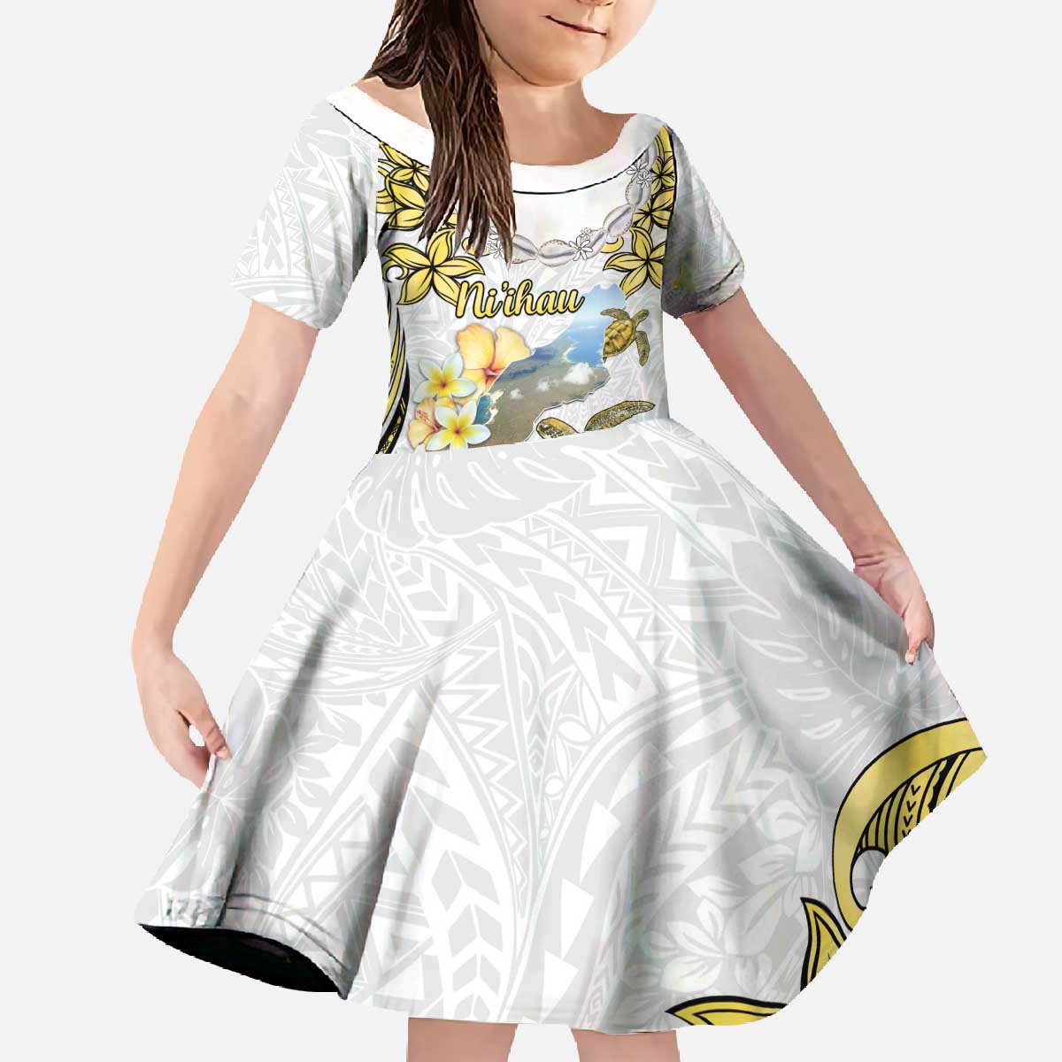 Personalised Aloha Hawaii Niihau Island Family Matching Off The Shoulder Long Sleeve Dress and Hawaiian Shirt Forbidden Isle Map Shell Lei