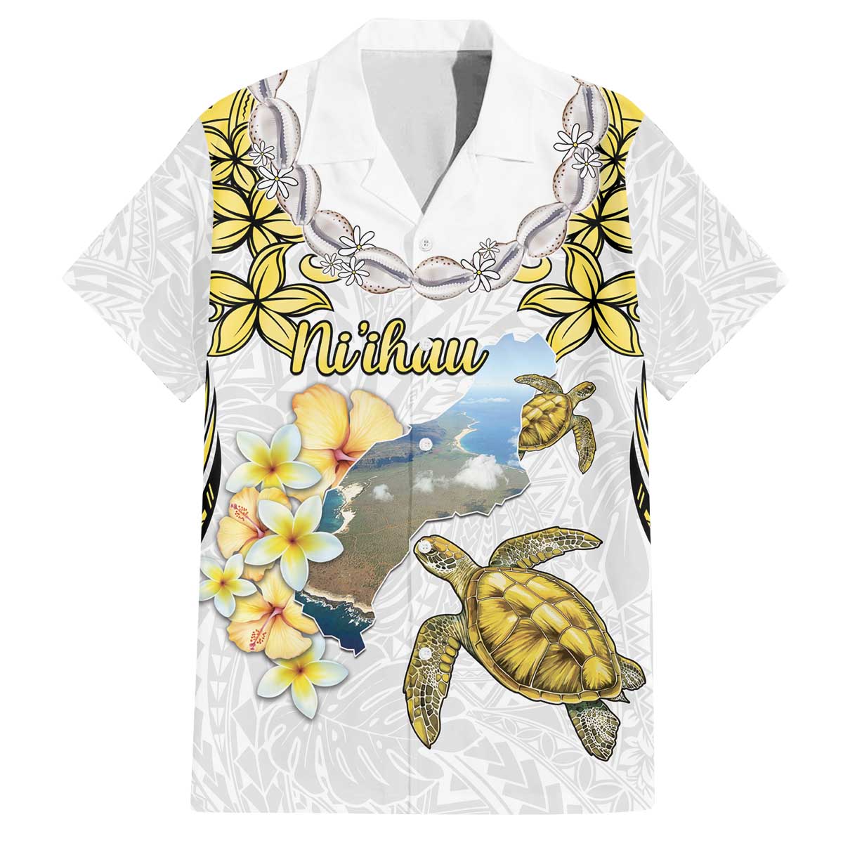 Personalised Aloha Hawaii Niihau Island Family Matching Off The Shoulder Long Sleeve Dress and Hawaiian Shirt Forbidden Isle Map Shell Lei