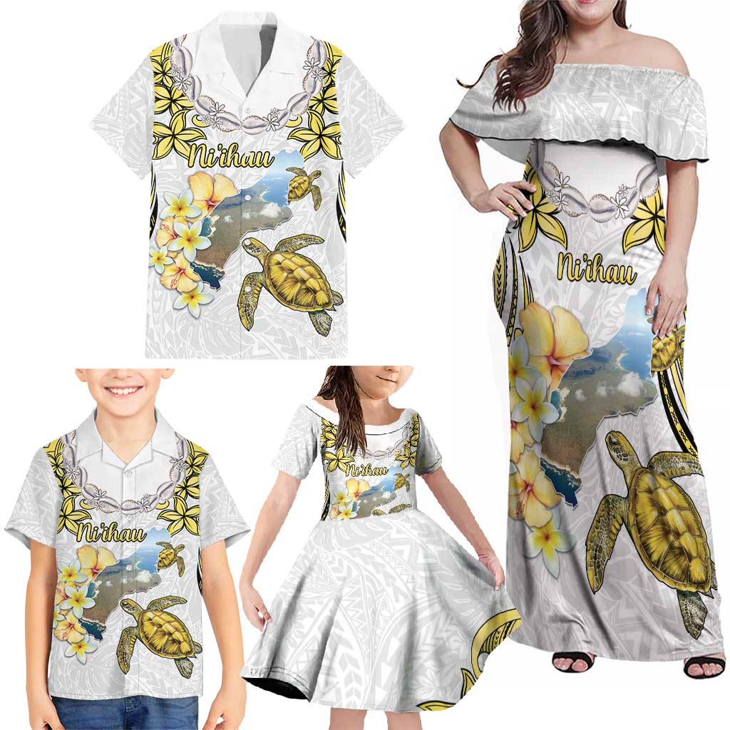 Personalised Aloha Hawaii Niihau Island Family Matching Off Shoulder Maxi Dress and Hawaiian Shirt Forbidden Isle Map Shell Lei LT14 - Polynesian Pride