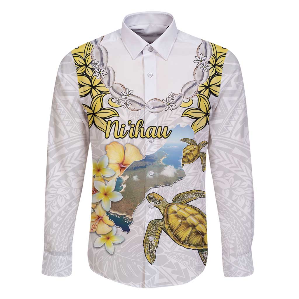 Personalised Aloha Hawaii Niihau Island Family Matching Off Shoulder Maxi Dress and Hawaiian Shirt Forbidden Isle Map Shell Lei LT14 Dad's Shirt - Long Sleeve Yellow - Polynesian Pride