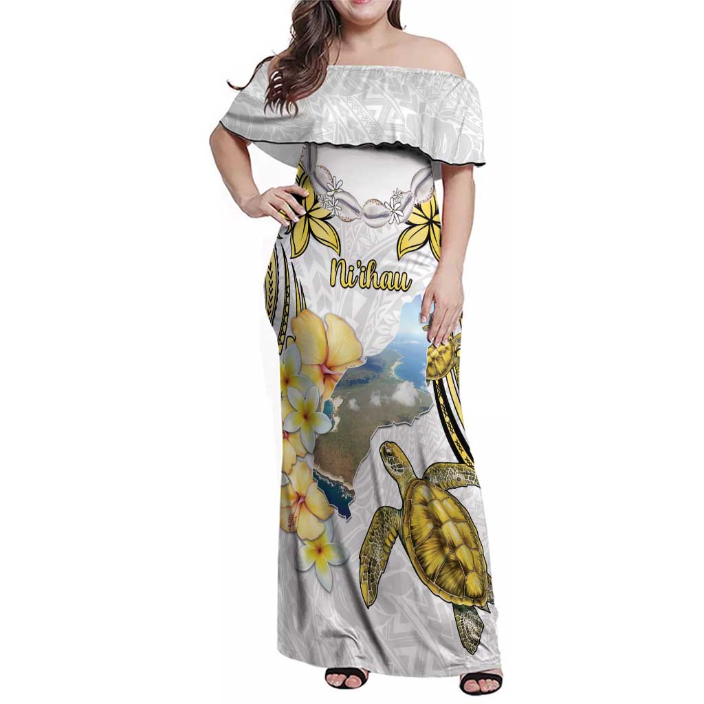 Personalised Aloha Hawaii Niihau Island Family Matching Off Shoulder Maxi Dress and Hawaiian Shirt Forbidden Isle Map Shell Lei LT14 Mom's Dress Yellow - Polynesian Pride