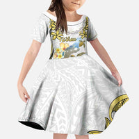Personalised Aloha Hawaii Niihau Island Family Matching Puletasi and Hawaiian Shirt Forbidden Isle Map Shell Lei LT14 Daughter's Dress Yellow - Polynesian Pride