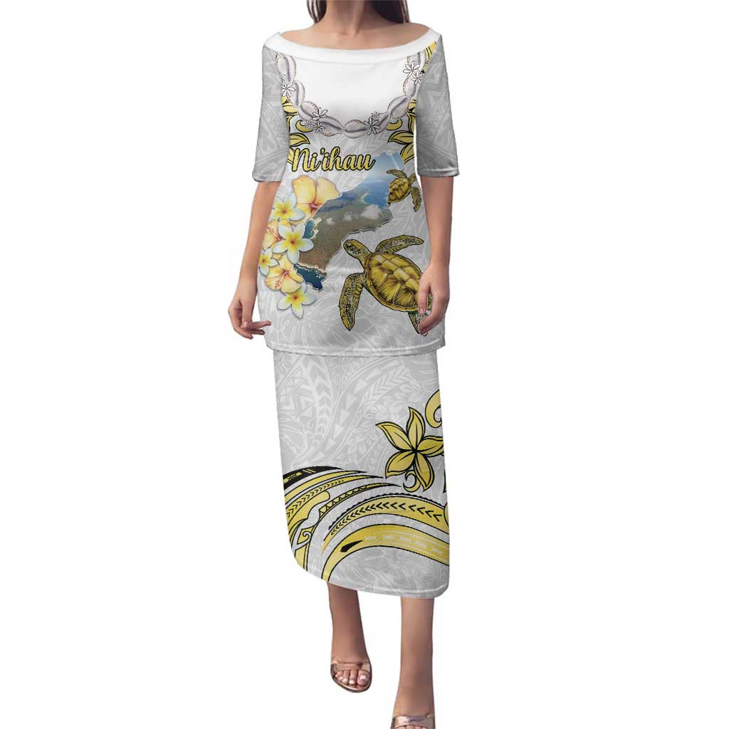 Personalised Aloha Hawaii Niihau Island Family Matching Puletasi and Hawaiian Shirt Forbidden Isle Map Shell Lei LT14 Mom's Dress Yellow - Polynesian Pride