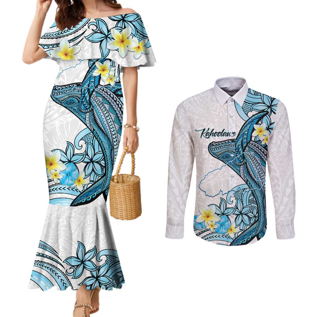 Personalised Aloha Hawaii Kahoolawe Island Couples Matching Mermaid Dress and Long Sleeve Button Shirt Target Isle Map With Humpback Whale