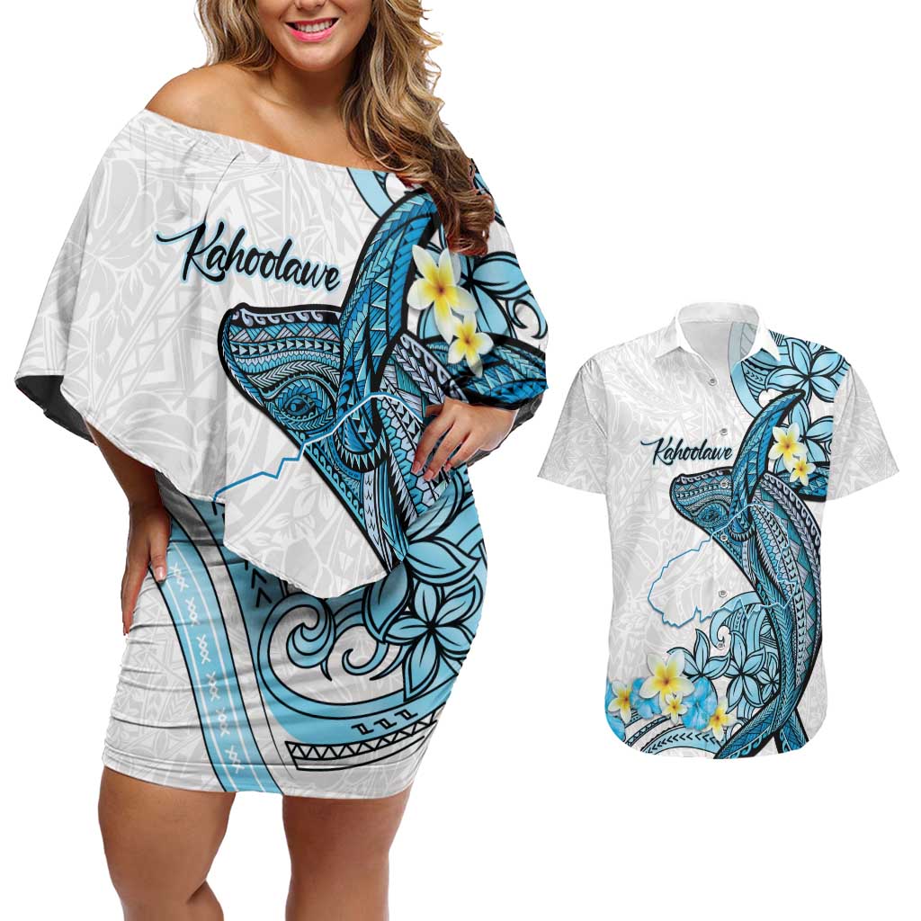 Personalised Aloha Hawaii Kahoolawe Island Couples Matching Off Shoulder Short Dress and Hawaiian Shirt Target Isle Map With Humpback Whale