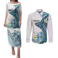 Personalised Aloha Hawaii Kahoolawe Island Couples Matching Puletasi and Long Sleeve Button Shirt Target Isle Map With Humpback Whale LT14 Blue - Polynesian Pride
