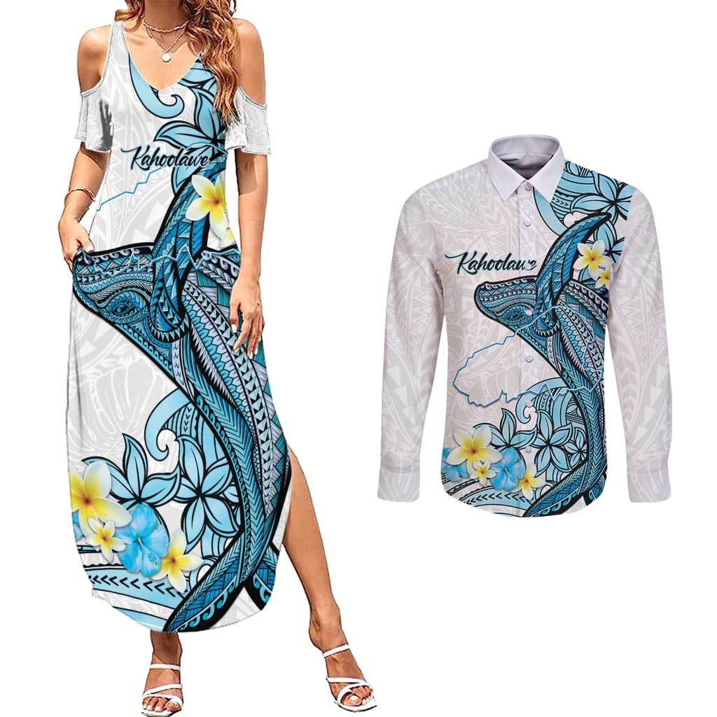 Personalised Aloha Hawaii Kahoolawe Island Couples Matching Summer Maxi Dress and Long Sleeve Button Shirt Target Isle Map With Humpback Whale