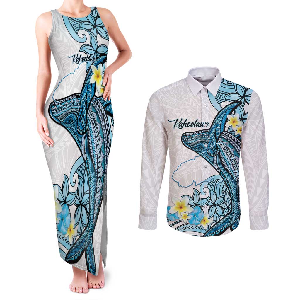 Personalised Aloha Hawaii Kahoolawe Island Couples Matching Tank Maxi Dress and Long Sleeve Button Shirt Target Isle Map With Humpback Whale