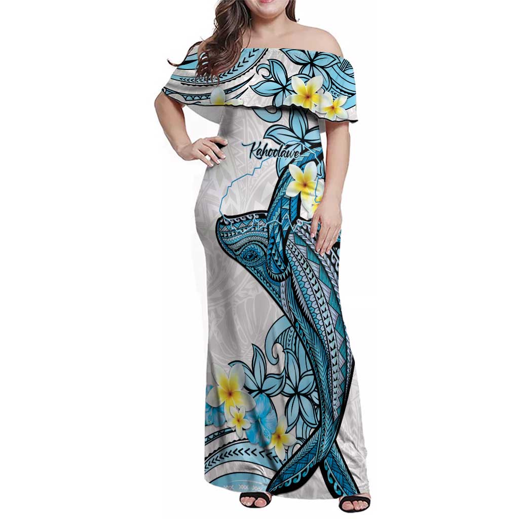Personalised Aloha Hawaii Kahoolawe Island Family Matching Off Shoulder Maxi Dress and Hawaiian Shirt Target Isle Map With Humpback Whale LT14 Mom's Dress Blue - Polynesian Pride