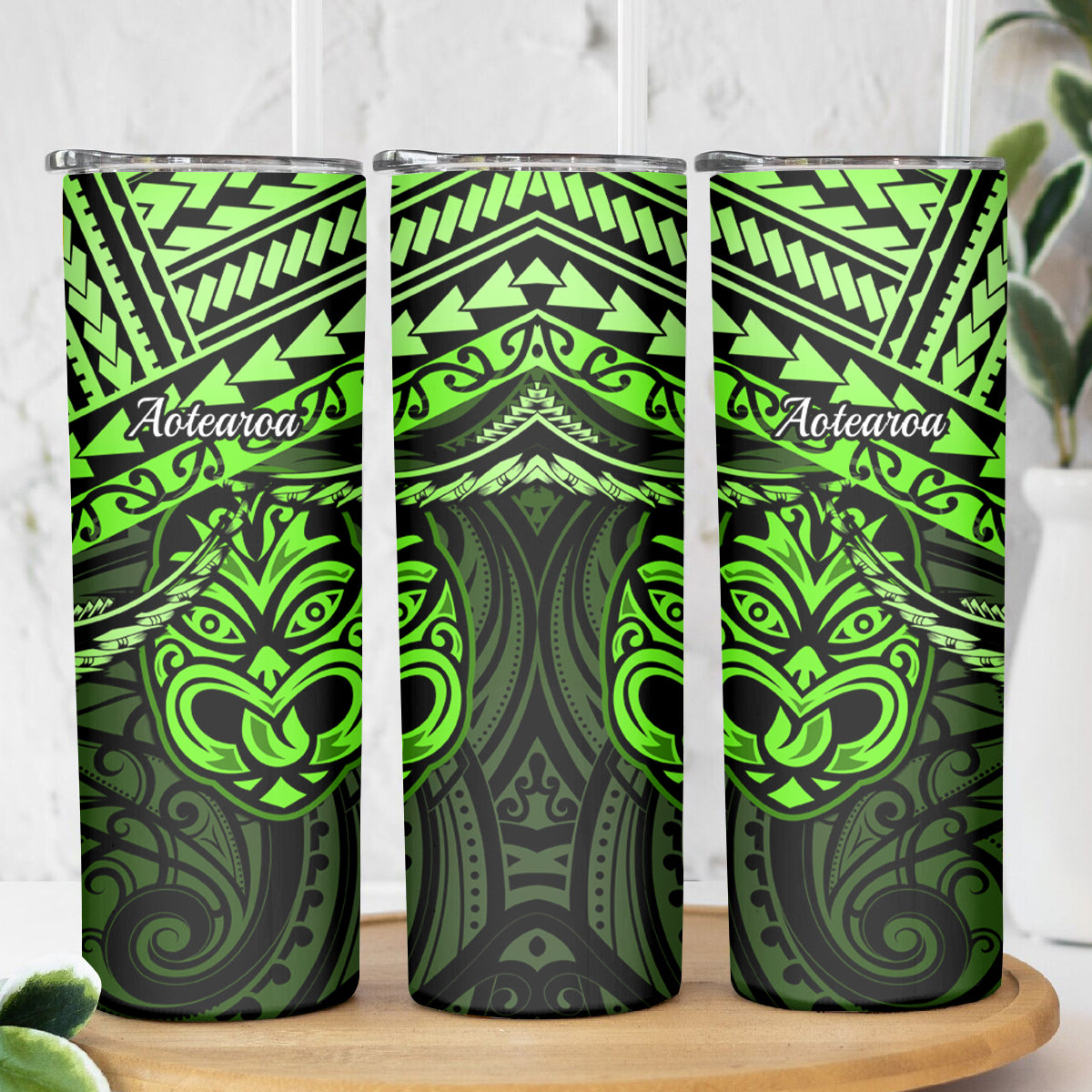 Matariki New Zealand Skinny Tumbler Maori New Year Tiki Green Version LT14 - Polynesian Pride