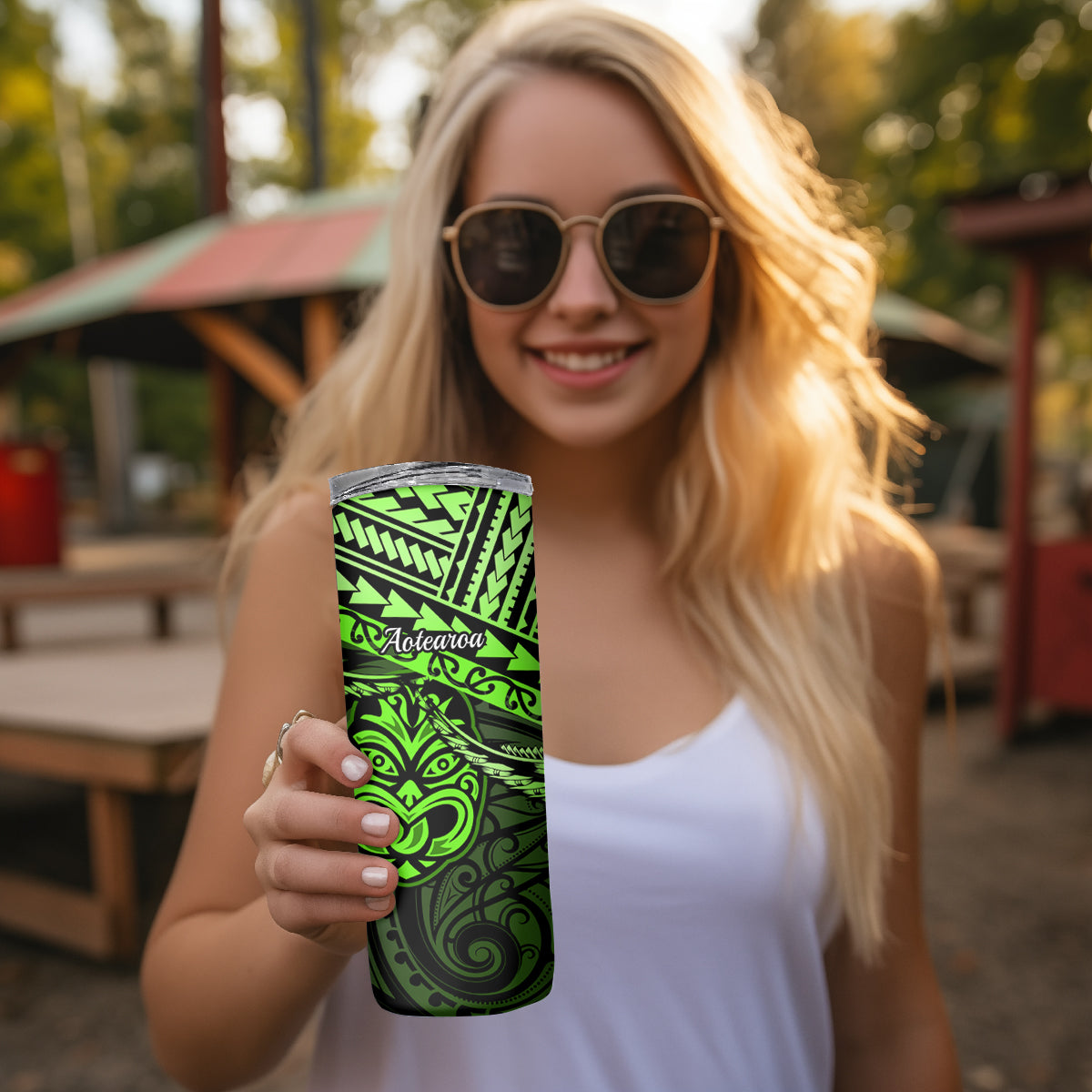 Matariki New Zealand Skinny Tumbler Maori New Year Tiki Green Version LT14 - Polynesian Pride