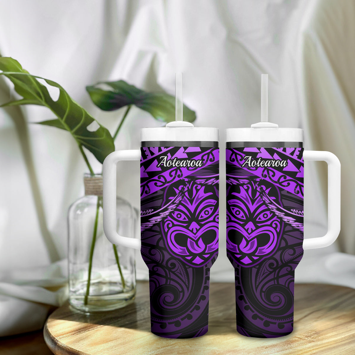 Matariki New Zealand Tumbler With Handle Maori New Year Tiki Purple Version LT14 - Polynesian Pride