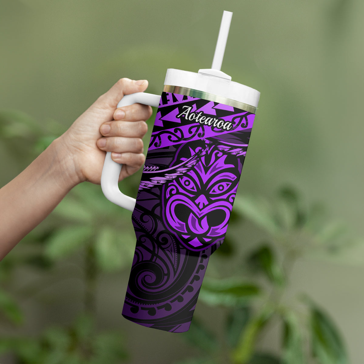 Matariki New Zealand Tumbler With Handle Maori New Year Tiki Purple Version LT14 - Polynesian Pride