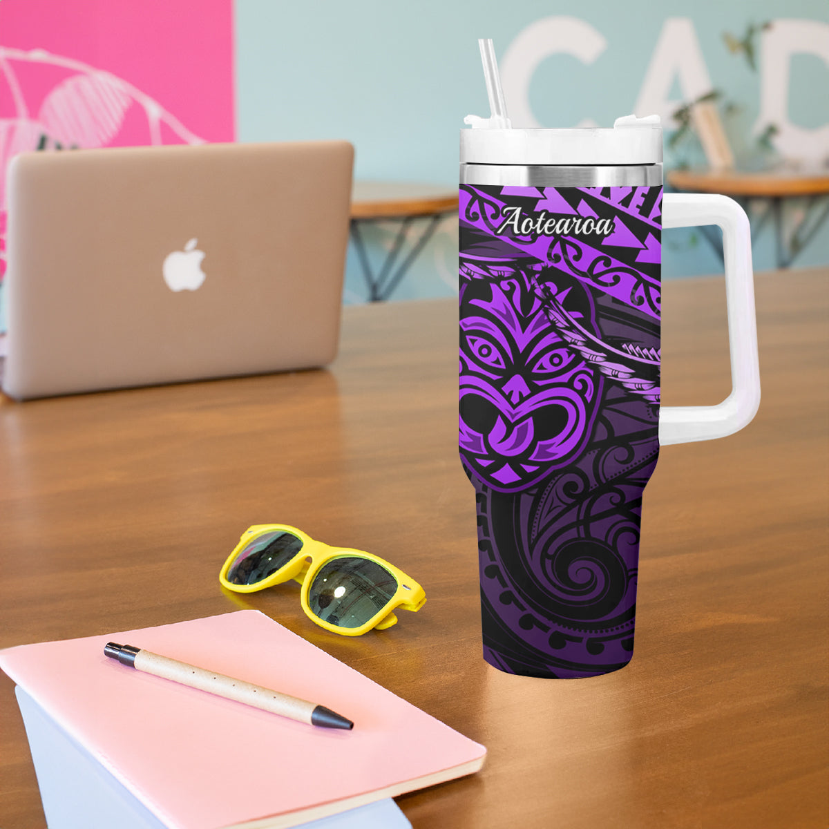 Matariki New Zealand Tumbler With Handle Maori New Year Tiki Purple Version LT14 - Polynesian Pride