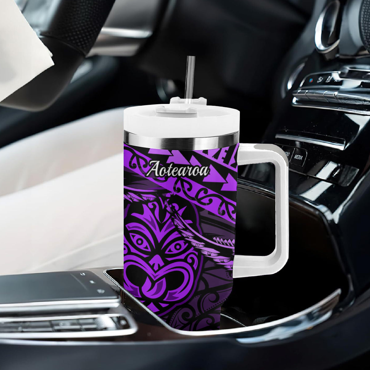 Matariki New Zealand Tumbler With Handle Maori New Year Tiki Purple Version LT14 - Polynesian Pride