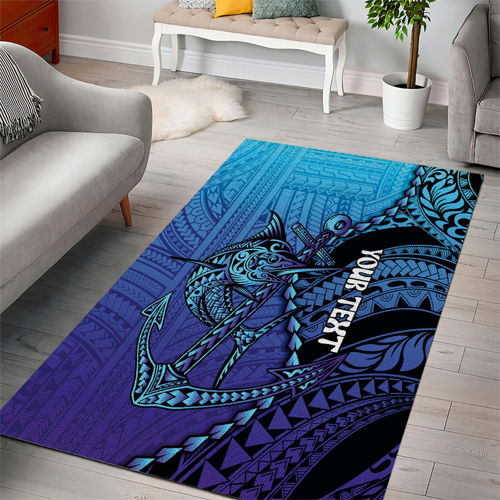 Personalised Polynesia Blue Marlin Fishing Area Rug Marlin Anchor Tattoo Polynesian Pattern
