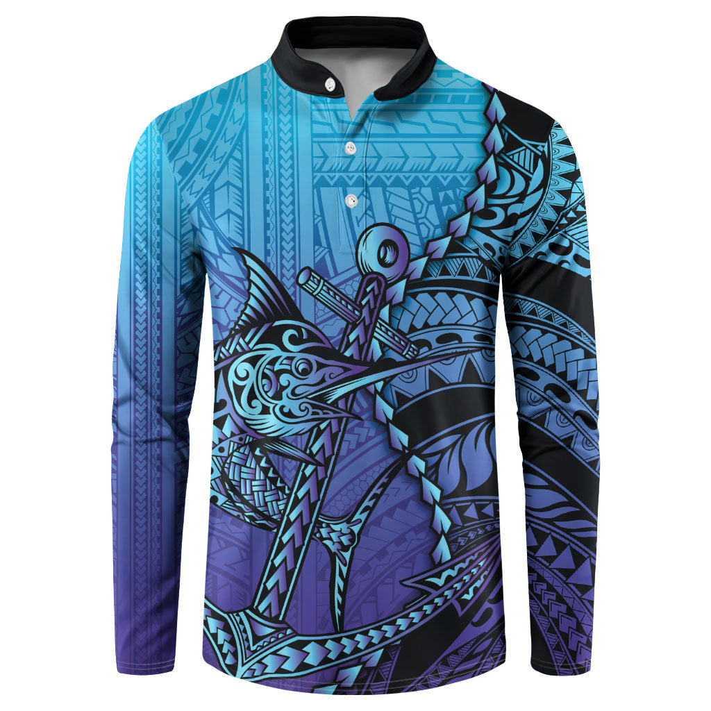 Personalised Polynesia Blue Marlin Fishing Button Sweatshirt Marlin Anchor Tattoo Polynesian Pattern