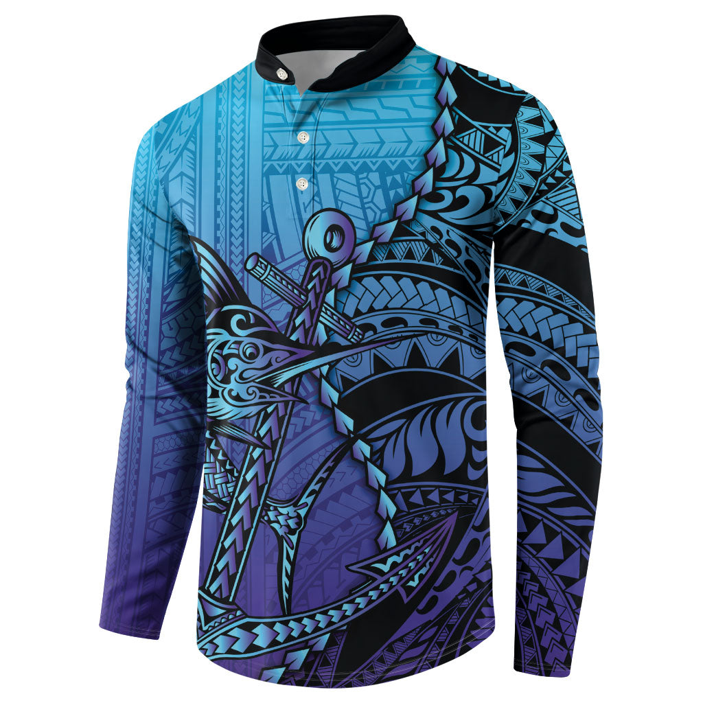 Personalised Polynesia Blue Marlin Fishing Button Sweatshirt Marlin Anchor Tattoo Polynesian Pattern