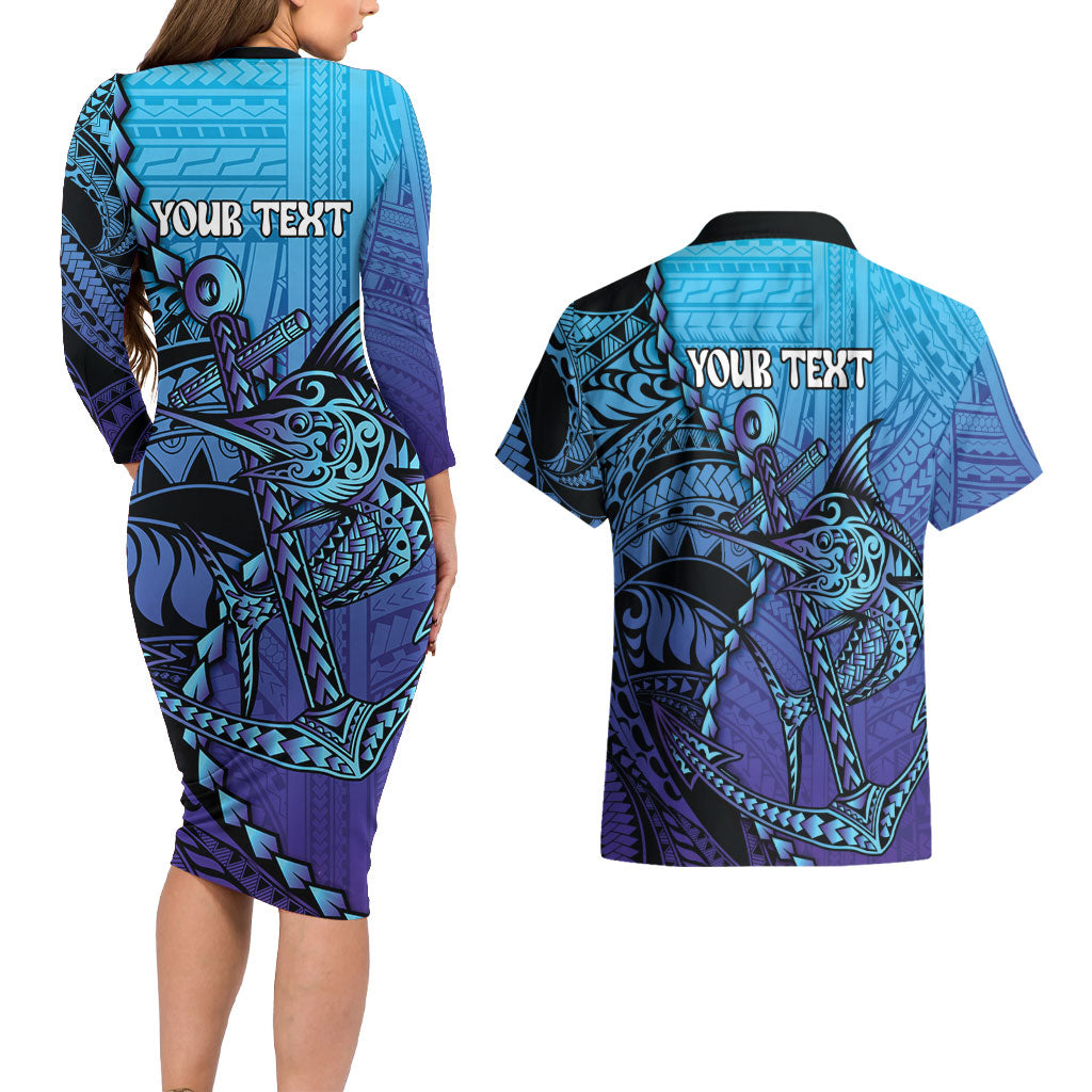 Personalised Polynesia Blue Marlin Fishing Couples Matching Long Sleeve Bodycon Dress and Hawaiian Shirt Marlin Anchor Tattoo Polynesian Pattern LT14 - Polynesian Pride