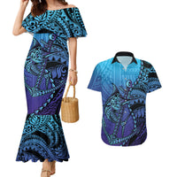Personalised Polynesia Blue Marlin Fishing Couples Matching Mermaid Dress and Hawaiian Shirt Marlin Anchor Tattoo Polynesian Pattern LT14 Purple - Polynesian Pride