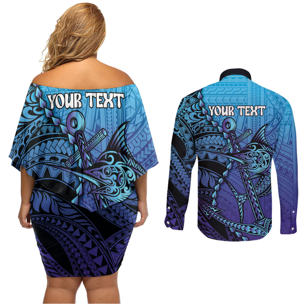 Personalised Polynesia Blue Marlin Fishing Couples Matching Off Shoulder Short Dress and Long Sleeve Button Shirt Marlin Anchor Tattoo Polynesian Pattern