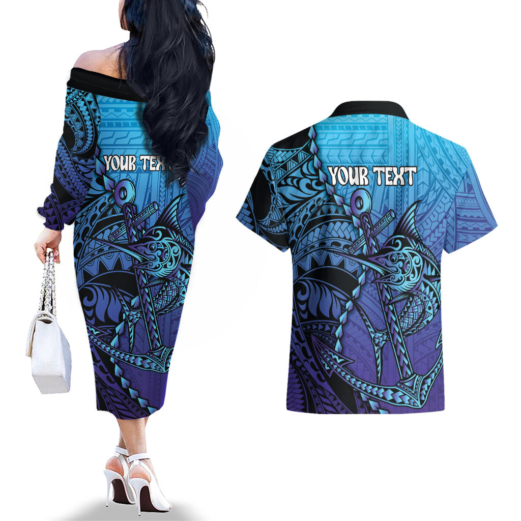 Personalised Polynesia Blue Marlin Fishing Couples Matching Off The Shoulder Long Sleeve Dress and Hawaiian Shirt Marlin Anchor Tattoo Polynesian Pattern LT14 - Polynesian Pride