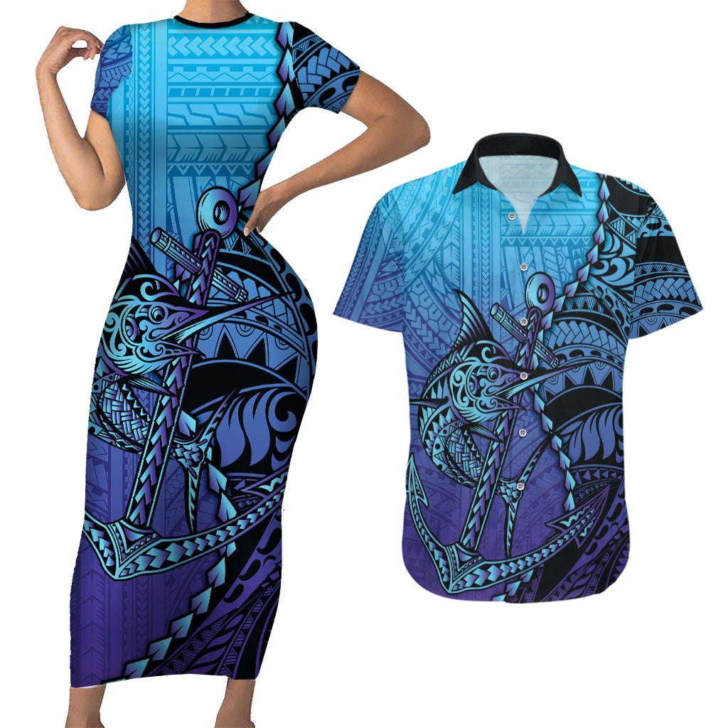 Personalised Polynesia Blue Marlin Fishing Couples Matching Short Sleeve Bodycon Dress and Hawaiian Shirt Marlin Anchor Tattoo Polynesian Pattern LT14 Purple - Polynesian Pride