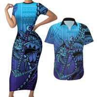 Personalised Polynesia Blue Marlin Fishing Couples Matching Short Sleeve Bodycon Dress and Hawaiian Shirt Marlin Anchor Tattoo Polynesian Pattern LT14 Purple - Polynesian Pride