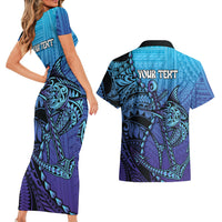 Personalised Polynesia Blue Marlin Fishing Couples Matching Short Sleeve Bodycon Dress and Hawaiian Shirt Marlin Anchor Tattoo Polynesian Pattern LT14 - Polynesian Pride