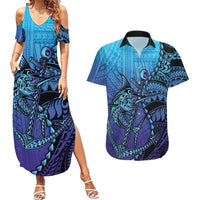 Personalised Polynesia Blue Marlin Fishing Couples Matching Summer Maxi Dress and Hawaiian Shirt Marlin Anchor Tattoo Polynesian Pattern