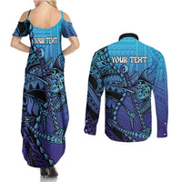Personalised Polynesia Blue Marlin Fishing Couples Matching Summer Maxi Dress and Long Sleeve Button Shirt Marlin Anchor Tattoo Polynesian Pattern