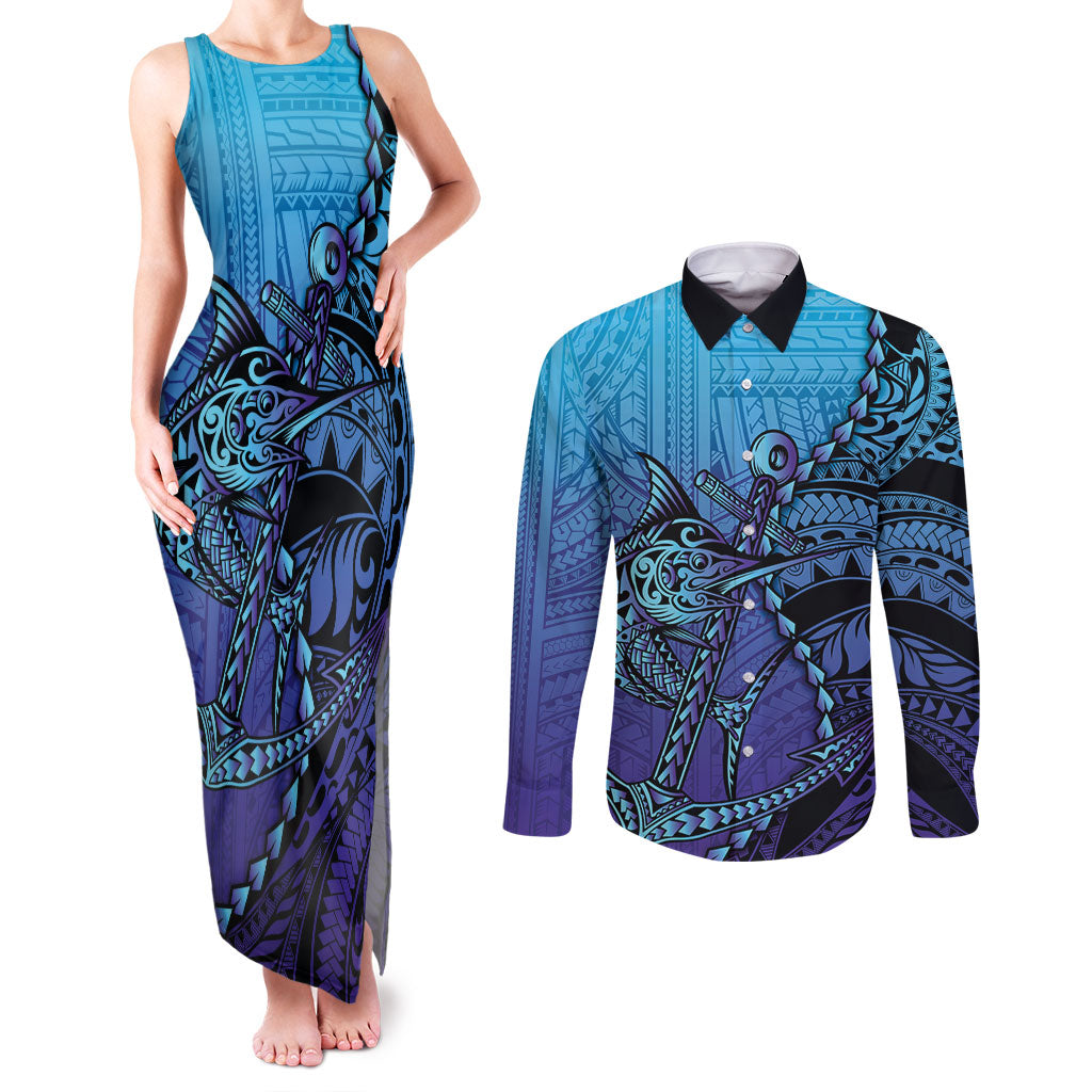 Personalised Polynesia Blue Marlin Fishing Couples Matching Tank Maxi Dress and Long Sleeve Button Shirt Marlin Anchor Tattoo Polynesian Pattern