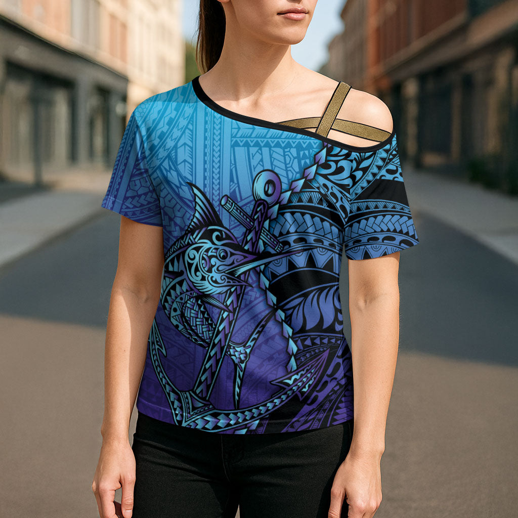 Personalised Polynesia Blue Marlin Fishing Cross Shoulder Shirt Marlin Anchor Tattoo Polynesian Pattern