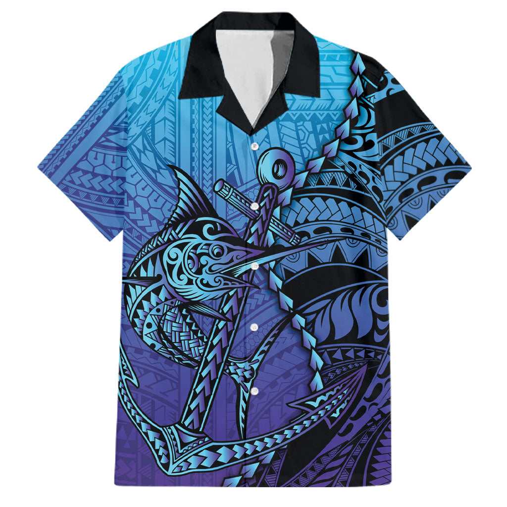 Personalised Polynesia Blue Marlin Fishing Family Matching Long Sleeve Bodycon Dress and Hawaiian Shirt Marlin Anchor Tattoo Polynesian Pattern LT14 Dad's Shirt - Short Sleeve Purple - Polynesian Pride