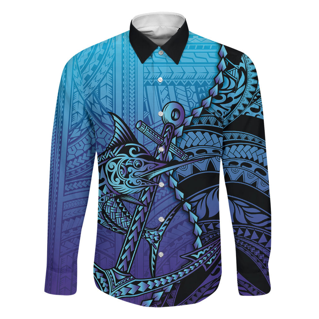 Personalised Polynesia Blue Marlin Fishing Family Matching Long Sleeve Bodycon Dress and Hawaiian Shirt Marlin Anchor Tattoo Polynesian Pattern LT14 Dad's Shirt - Long Sleeve Purple - Polynesian Pride