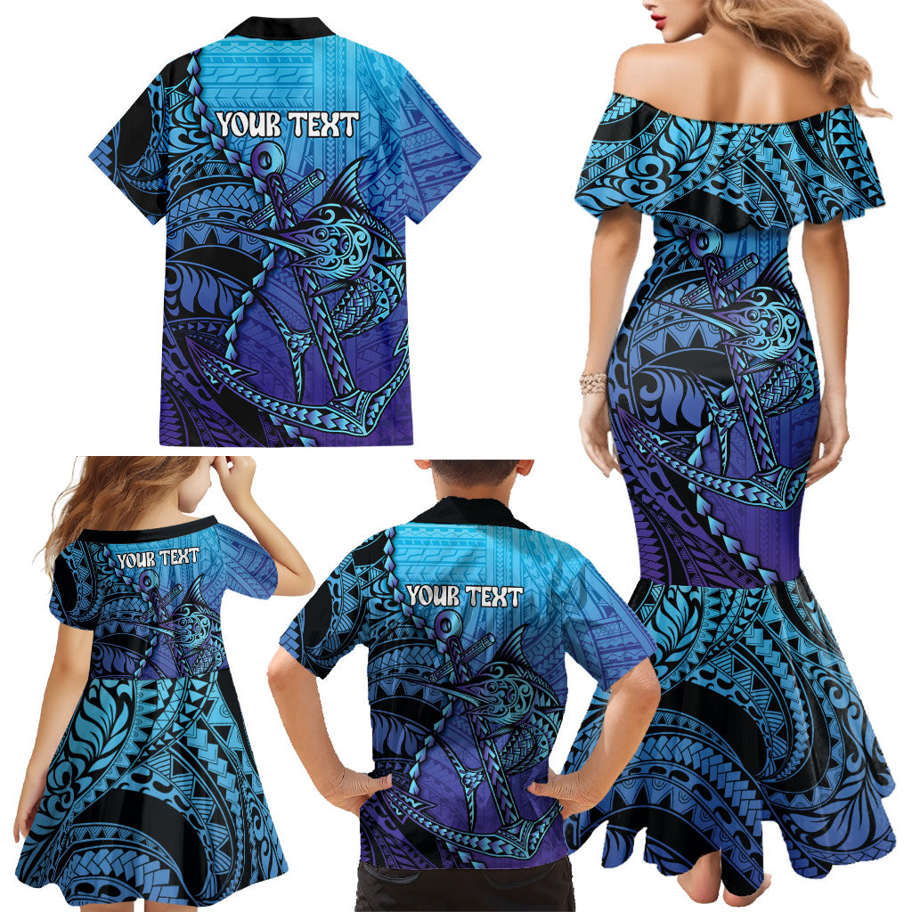 Personalised Polynesia Blue Marlin Fishing Family Matching Mermaid Dress and Hawaiian Shirt Marlin Anchor Tattoo Polynesian Pattern LT14 - Polynesian Pride