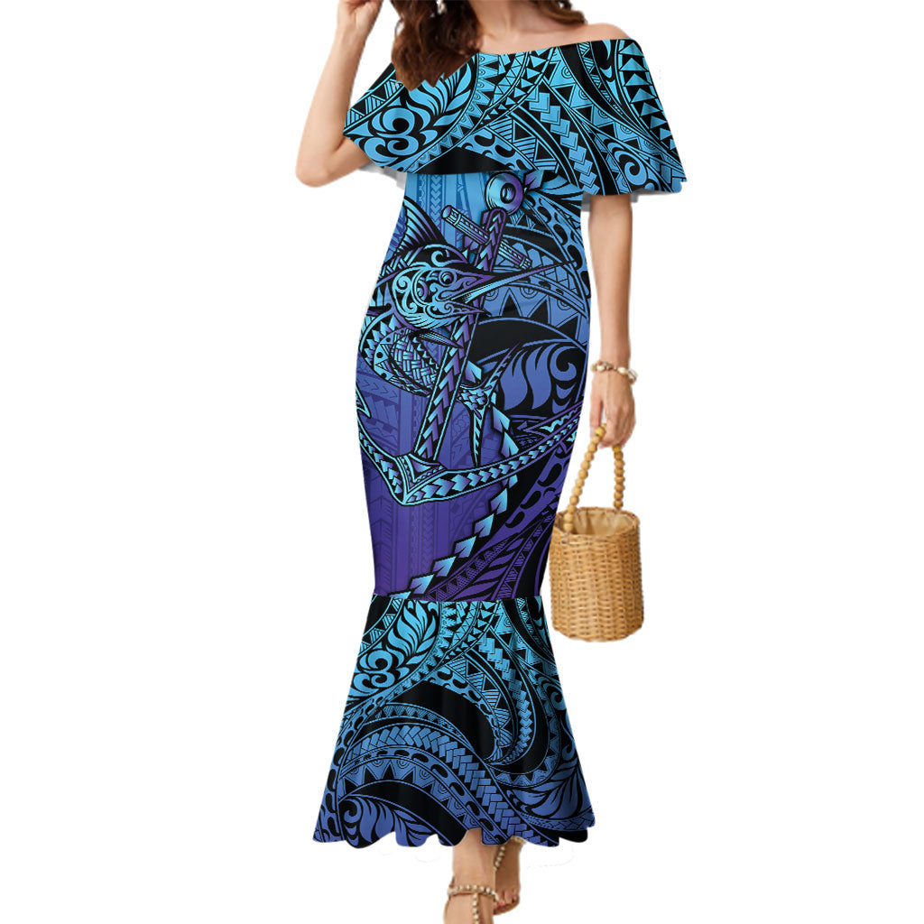 Personalised Polynesia Blue Marlin Fishing Family Matching Mermaid Dress and Hawaiian Shirt Marlin Anchor Tattoo Polynesian Pattern LT14 Mom's Dress Purple - Polynesian Pride