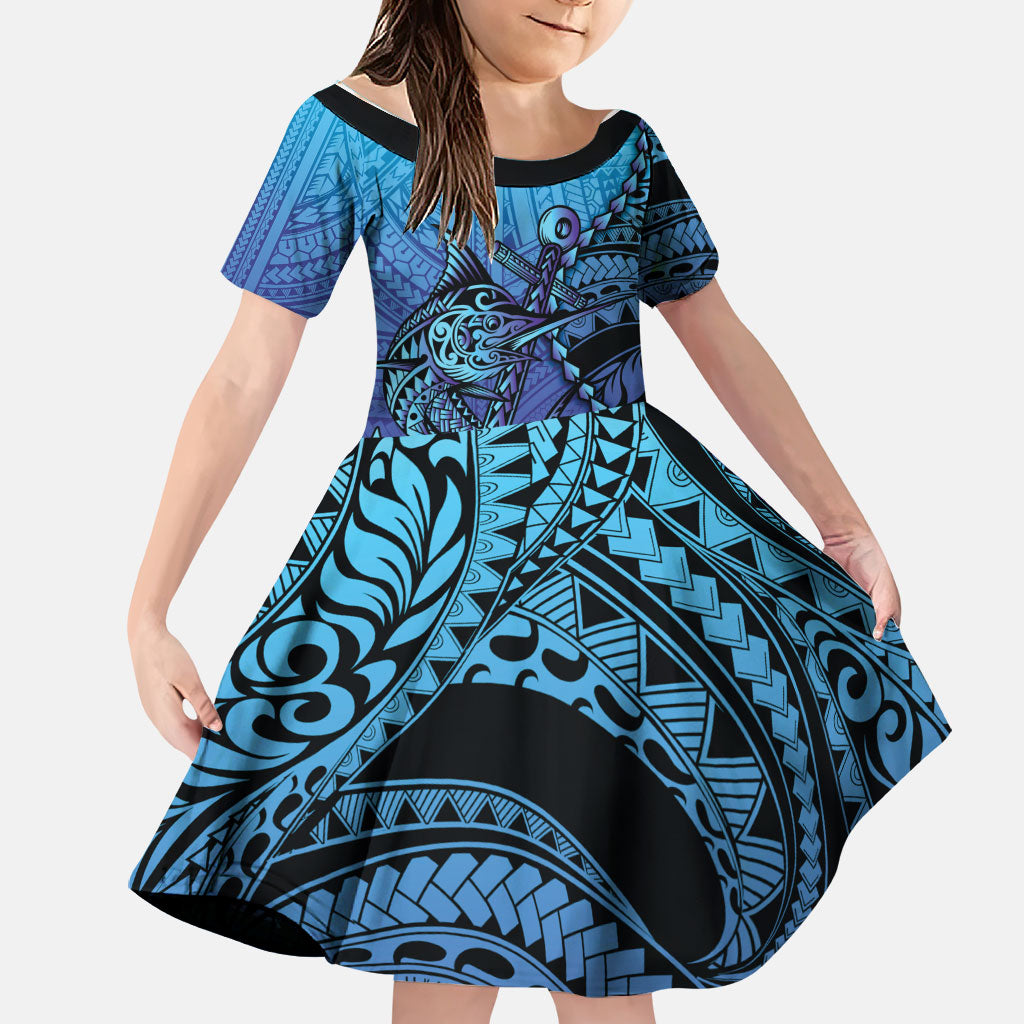 Personalised Polynesia Blue Marlin Fishing Family Matching Off Shoulder Maxi Dress and Hawaiian Shirt Marlin Anchor Tattoo Polynesian Pattern LT14 Daughter's Dress Purple - Polynesian Pride