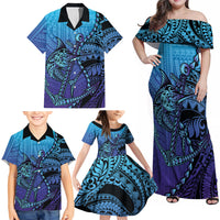 Personalised Polynesia Blue Marlin Fishing Family Matching Off Shoulder Maxi Dress and Hawaiian Shirt Marlin Anchor Tattoo Polynesian Pattern LT14 - Polynesian Pride